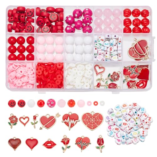 arricraft 524-Teiliges Valentinstag-Perlen-Set, Legierungs-Emaille-Herz-, Rosen- Und Lippen-Charms-Anhänger, Polymer-Ton-Scheibe Und Acryl- Und Harzperlen Für Die Herstellung von Schmuck von arricraft