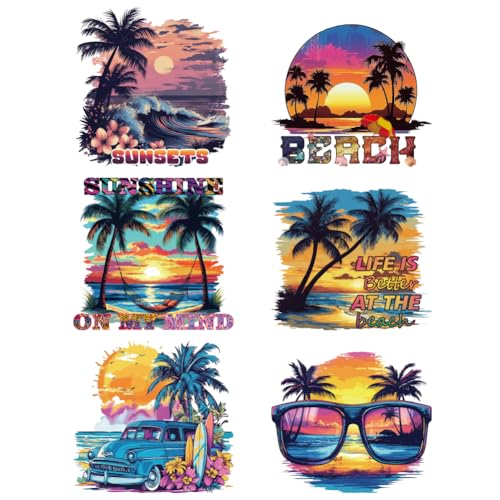 arricraft 6 Stück Aufnäher Zum Aufbügeln Bügelaufkleber Mit Sommer Strandmotiv Kokosnussbäume Sonnenaufgang Hängematte Wärmeübertragungsaufkleber Waschbare Kunststoff Patches Für DIY Kleidungsdekor von arricraft