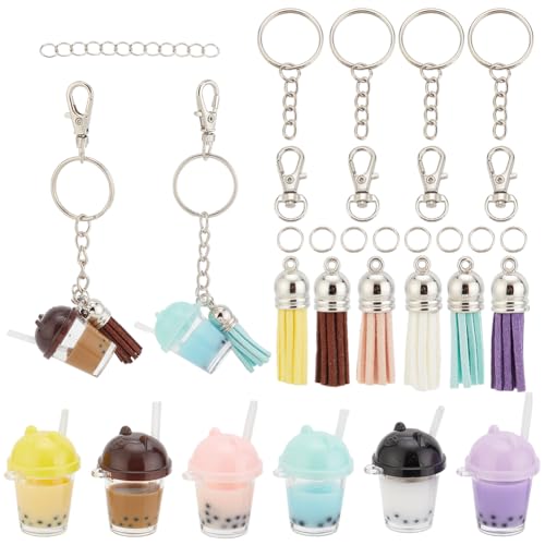 arricraft 62 Stück Tassen-Schlüsselanhänger-Bastelset, Einschließlich 6 Farbe Bär Mini Cup Charms 3D Harz Bubble Tea Anhänger Und Quastenanhänger Drehverschlüsse Ketten Für DIY Schlüsselanhänger von arricraft