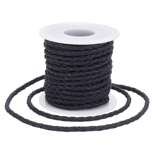 arricraft 9.14 m Geflochtenes Lederband, 4 mm Breite, Schwarze, 3-Lagige, Gefaltete Bolo-Krawattenschnur Mit Spule, PU-Lederschnur, Spitze, Flach, Rund, Schnurseil Für DIY-Halsketten von arricraft