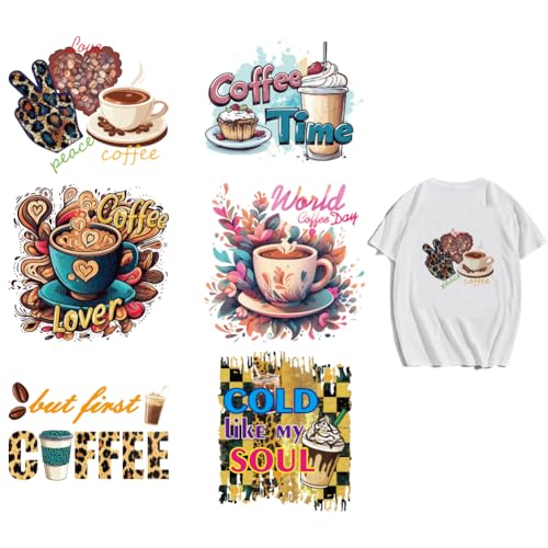 arricraft Aufnäher Zum Aufbügeln Mit Kaffeemotiv 6 Stück Kaffeetasse Kaffeebohnen Dessert Eiskaffee Kunststoff Wärmeübertragungsaufkleber Für T Shirts Taschen Kleidung DIY Dekorationen von arricraft