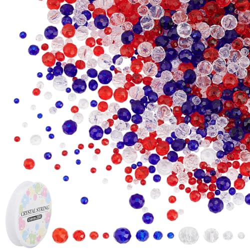 arricraft Ca. 1272 Stück Glasfacettenperlen-Set, Runde Patriotische Kristallperle In 4 Größe, Rot, Blau Und Weiß, 21.87 Yards (20 m), Elastischer Faden Für Die Herstellung von DIY-Armbändern von arricraft
