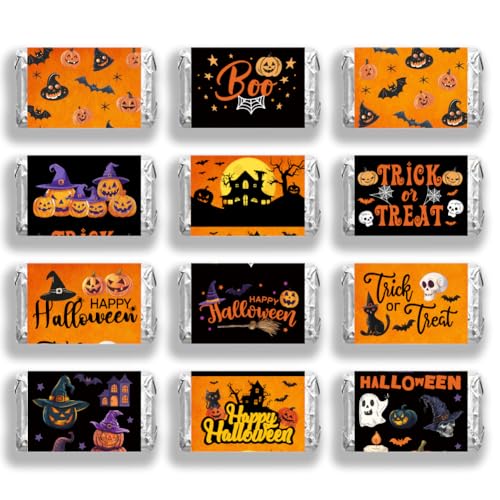 arricraft Mini Schokoriegelverpackungen „Happy Halloween“ 120 Stück Aufkleber Mit Geister Kürbis Fledermaus Und Spinnennetz Etiketten Für Schokoriegel Selbstklebend Für Halloween von arricraft