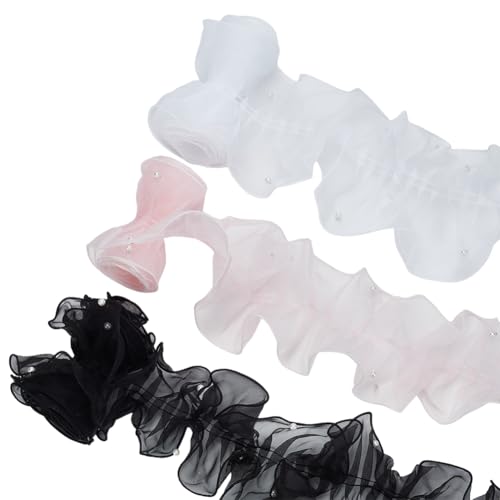 arricraft Organza Spitzenband Mit Rüschen 3.3 Yard 3 Farben Chiffon Spitzenband Mit Perlen Und Vintage Tüllbesatz Zum Nähen Basteln Kleider Brautkleider Accessoires von arricraft