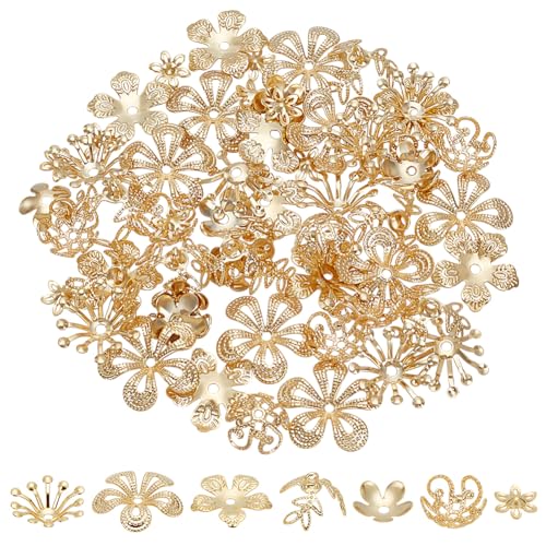 arricraft Perlenkappen Mit Blumenmotiv Echt 70 Karat Vergoldet 24 Stück 7 Stil Gold Messing Blumenperlen Enden Lose Spacer Florale Perlenkappen Zur Schmuckherstellung Halskette Ohrringe von arricraft