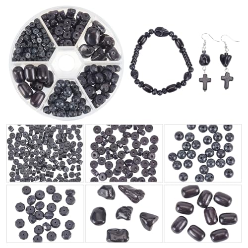 arricraft about 285Pcs Schwarz-Türkis-Perlen-Set, 6 Styles Runde Synthetische Türkisfarbene Perlen, Flache Scheibe, Lose Perlen, Facettierte Rondelle-Perle, Säulenperle, Nugget-Form, Steinperlen von arricraft