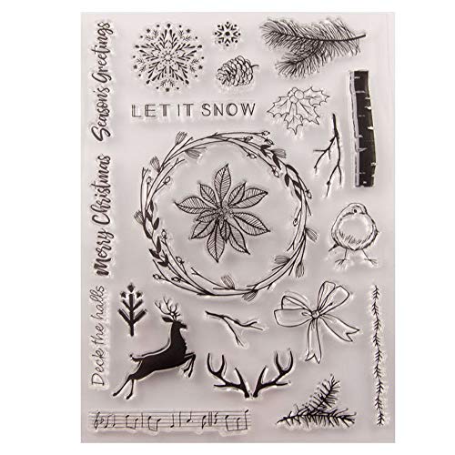 Merry Christmas Season's Greeting Snowflakes Elch Weihnachtskranz Dekorationen Blätter Ornament Klare Stempel für Weihnachtskarten Herstellung Dekoration und Scrapbooking Gummistempel zum Basteln von arriettycraft