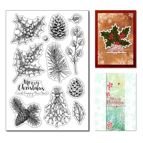 arriettycraft Frohe Weihnachten Silikon-Stempel für Kartenherstellung Tannenzapfen Silikonstempel Beerenzweig Transparente Stempel für Scrapbooking Tagebücher Papierbasteln von arriettycraft