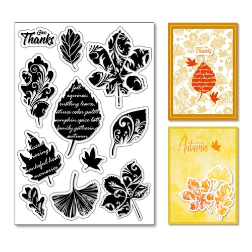 arriettycraft Herbst Silhouette Blätter Silikon Klar Stempel Ahornblatt mit Text Transparent Silikon Stempel Ginkgo Eichenblätter mit Wirbeln Gummistempel für Scrapbook Journal Kartenherstellung von arriettycraft