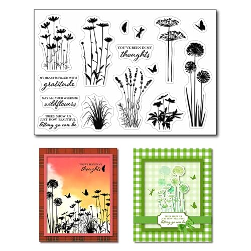 arriettycraft Transparente Stempel für Kartenherstellung oder Journaling, Silhouetten-Wildblumen-Motive, Motiv: Löwenzahn, Gänseblümchen, Lavendel, Gummistempel, Gras, Silikonstempel für Scrapbooking, von arriettycraft