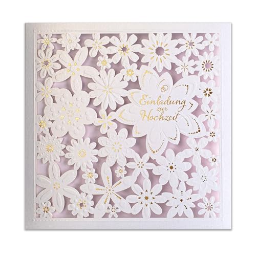 ART NUVO HOCHZEITSEINLADUNGEN - 20 St. 135x135mm, MIT BEDRUCKBAREN EINLAGEN UND UMSCHLÄGEN FÜR HOCHZEIT – LASERGESCHNITTEN, MIT GOLDFOLIE VEREDELT. GEPRESSTES MUSTER AUF METALLICKPAPIER von art nuvo