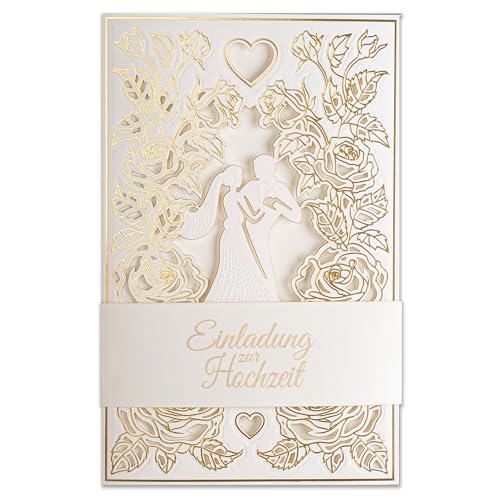 Art Nuvo Hochzeitseinladungen-20 St.130x205mm, Mit Bedruckbaren Einlagen Und Umschlägen Für Hochzeit, Lasergeschnitten,Mit Goldfolie Veredelt.Gepresstes Muster Mit Eingravierten Aufschriften ZAP_DE_09 von art nuvo