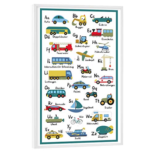 artboxONE Poster mit weißem Rahmen 30x20 cm Für Kinder ABC Lernposter Autos und Fahrzeuge - Bild ABC Alphabet Autos von artboxONE