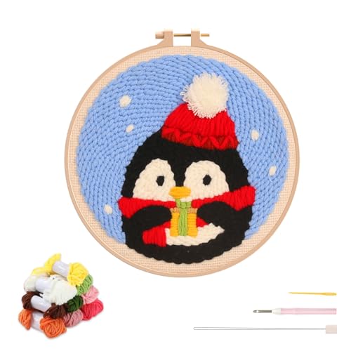 artcici Stanznadel-Kit für Anfänger mit Weihnachtsmuster-Werkzeug und Garn, einfaches Stickteppich-Hakenset (Pinguin) von artcici