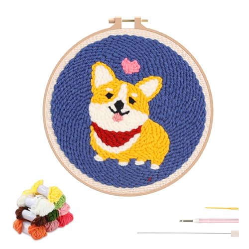 artcici Stanznadel-Set für Anfänger mit niedlichem Hunde-Corgi-Muster-Werkzeug und Garn, einfaches Stickteppich-Haken-Set (Glücklich) von artcici