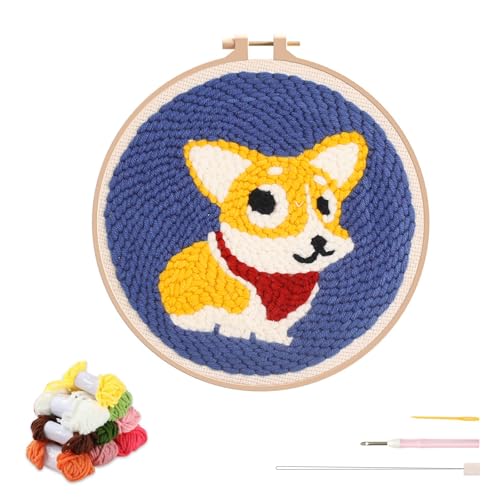 artcici Stanznadel-Set für Anfänger mit niedlichem Hunde-Corgi-Muster-Werkzeug und Garn, einfaches Stickteppich-Haken-Set (große Augen) von artcici