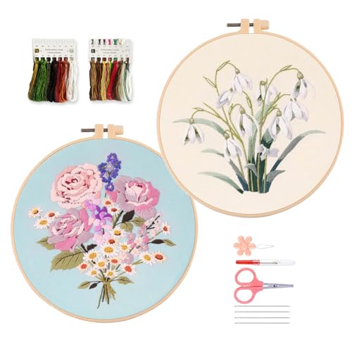 artcici Stickset, 2 Stück, lila, rosa, Blumen, Blätter, Muster für Anfänger und Erwachsene, komplettes Stickerei-Starter-Set, Kreuzstich, Handarbeitszubehör (weiß) von artcici