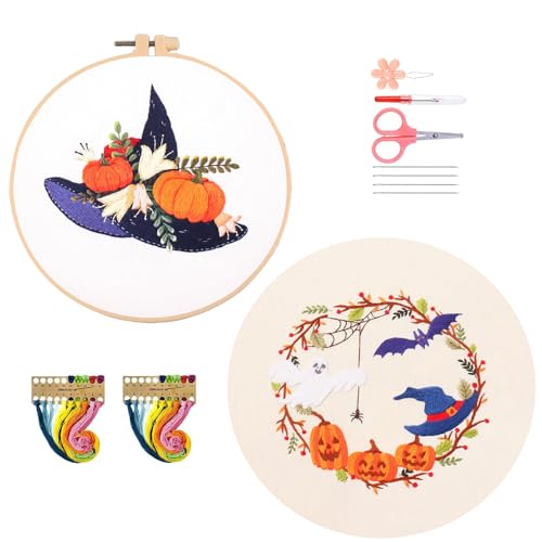 artcici Stickset, Halloween-Kürbis-Kranz, Hutmuster für Anfänger und Erwachsene, komplettes Stickerei-Starter-Set, Kreuzstich-Handarbeitszubehör, 2 Stück von artcici