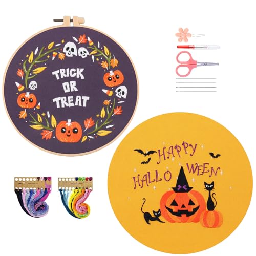 artcici Stickset für Halloween, Kürbis, böse schwarze Katze, Kranz, Muster für Anfänger und Erwachsene, komplettes Stickerei-Starter-Set, Kreuzstich-Handarbeitszubehör, 2 Stück von artcici