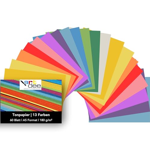 artdee® Tonpapier bunt in 13 verschiedenen Frühlingsfarben 180 g/m² – Bastelpapier Set (60 Blatt gemischt in DIN A5) – Buntes Papier zum Basteln – Bastelpapier bunt von artdee
