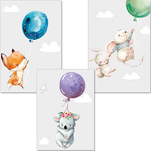 artpin® 3er Set Poster Kinderzimmer Deko - Bilder Babyzimmer DIN A4 - Wandbilder Mädchen Junge - Kinderposter Hase Maus Fuchs Luftballons Wolken (P45) von artpin