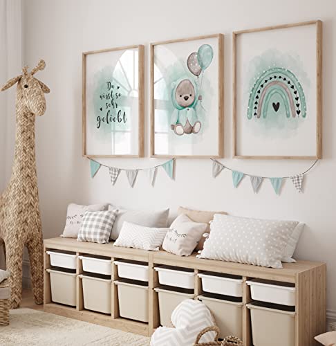 artpin® 3er Set Poster Kinderzimmer Skandinavische Deko - A4 Bilder Babyzimmer grau Deko Junge mint P48 von artpin