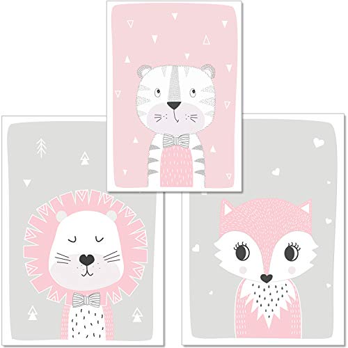 artpin® 3er Set Poster Kinderzimmer Von Künstlerin - Bilder Babyzimmer - A4 Wandbilder Deko Für Mädchen Im Skandinavischen Stil Grau Rosa - Kinderposter - Waldtiere Löwe,Fuchs,Tiger P1 von artpin