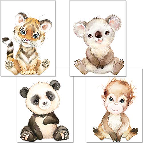 artpin® 4er Set Poster Babyzimmer Deko Junge Mädchen - DIN A4 Bilder Kinderzimmer Baby Dschungel Tiere - Safari Afrika Wandbilder - Affe Tiger Koala Panda P66 von artpin