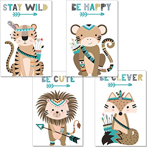 artpin® 4er Set Poster Bilder Kinderzimmer - Deko Junge Mädchen - A4 Wandbilder Babyzimmer - Indianer Waldtiere Safari Skandinavisch, Boho, Jungle, Bunt (P44) von artpin