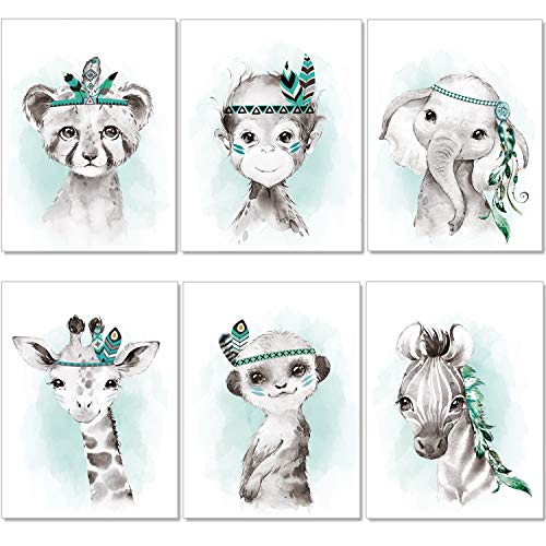 artpin® 6er Set Bilder Kinderzimmer Jungen Mädchen in Mint Grau Feder - Poster Wald Dschungel Babyzimmer Indianer Tiere P62 von artpin