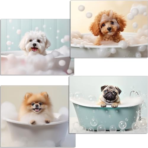 artpin® Badezimmer Deko Poster Kinderzimmer - 4er Set Bilder Babyzimmer für Mädchen Junge - Bad Hunde K8 von artpin