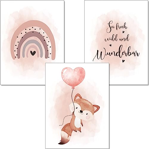 artpin® Poster Kinderzimmer, 3er Set Bilder Babyzimmer Mädchen, Altrosa Luftballon Regenbogen Fuchs K3 von artpin