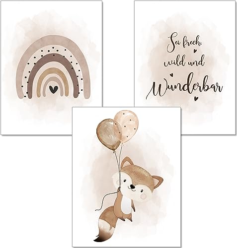 artpin® Poster Kinderzimmer Deko - 3er Set Bilder Babyzimmer Sand Beige für Junge Mädchen -A4 Fuchs Tierposter Luftballon Beige (K4) von artpin