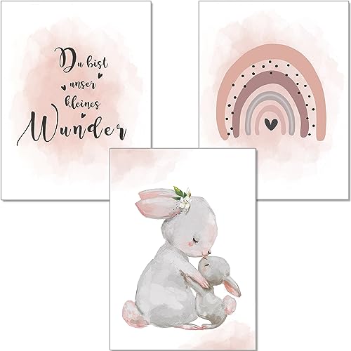 artpin® Poster Kinderzimmer Deko - A4 Bilder Babyzimmer 3er Set Rosa Grau für Mädchen - Regenbogen Hasen (K5) von artpin