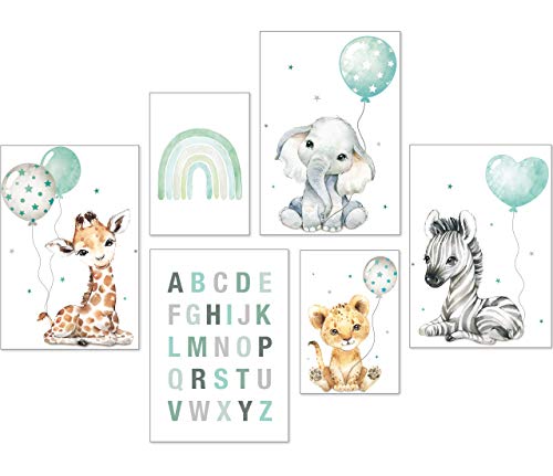 artpin® Poster Set DIN A3 Bilder Kinderzimmer Deko Mädchen Junge - Babyzimmer Bilderwand 4X A3 & 2X A4 - Regenbogen ABC Safari Tiere Mint P70 von artpin