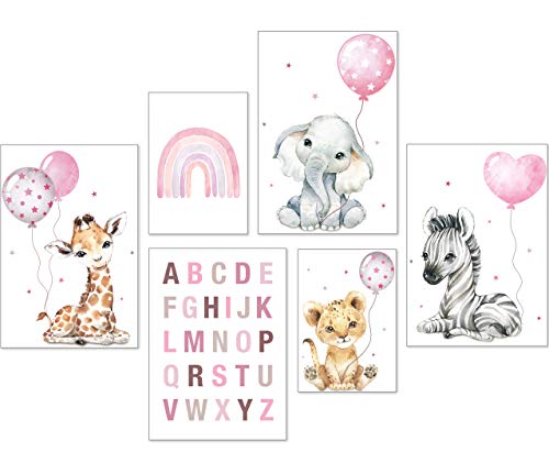 artpin® Poster Set DIN A3 Bilder Kinderzimmer Deko Mädchen Junge - Babyzimmer Bilderwand 4X A3 & 2X A4 - Regenbogen ABC Safari Tiere Rosa P71 von artpin