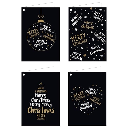 artup 12 Geschenkanhänger zu Weihnachten im Set mit Goldfäden 4 schwarze Merry Christmas Motive mit je 3 Klappkarten DIN A7 für tolle Weihnachtsgeschenke - gelocht - innen unbedruckt weiß von artup