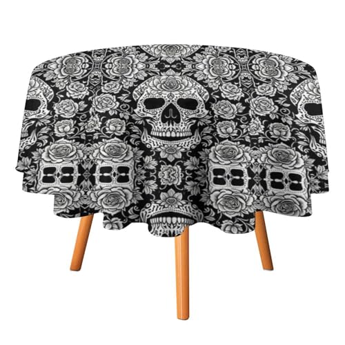 Runde Tischdecke mit Totenkopfund Rosenmuster, auffälliges, stilvolles Design waschbare Tischdecke, knitterfrei, geeignet für Restaurants, Picknicks, Mahlzeiten im Innenund Außenbereich, 152,4 x 152 von asbwuo