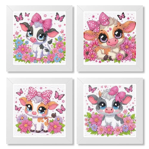 Diamond Painting Kinder Tiere,4 Stück Blumen Kuh Animals 5D DIY Full Diamant Painting Bilder,Diamant Painting Bilder mit Rahmen,Mosaik Herstellung Basteln Mädchen Junge 6 7 8 9 10 11 12 Jahre15x15 cm von askkqtx