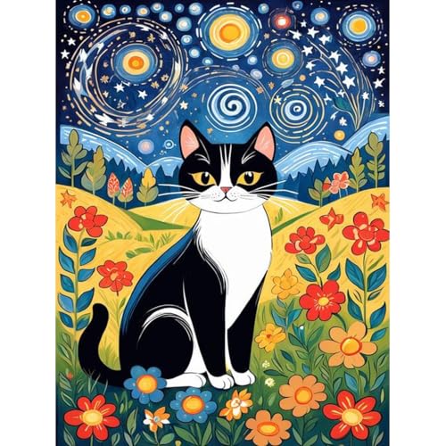 Katze Diamond Painting Kits für Erwachsene,Bunte Blumen Tiere 5D DIY Full Drill Diamant Malerei Gemälde Kit Leinwand,Cat Diamond Art Bilder Diamant Malerei Set für Geschenk Wand dekoration 30X40 CM von askkqtx