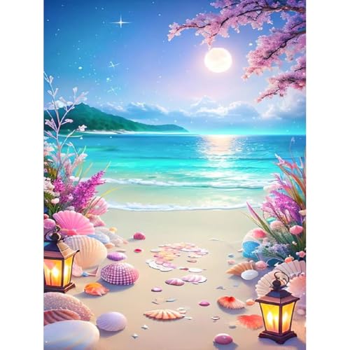 askkqtx Beach Diamond Painting Kits für Erwachsene,Mond Blumen 5D DIY Full Drill Diamant Malerei Gemälde Kit Leinwand,See Diamond Art Bilder Diamant Malerei Set für Geschenk Wand Dekoration 30X40 CM von askkqtx