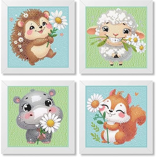 askkqtx Diamond Painting Kinder Tiere,4 Stück Animals 5D DIY Full Diamant Painting Bilder,Diamant Painting Bilder mit Rahmen,Mosaik Herstellung Basteln Mädchen Junge 6 7 8 9 10 11 12 Jahre15x15 cm von askkqtx