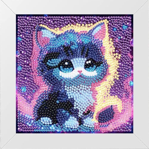 askkqtx Diamond Painting Kinder Tiere,Leuchtende Katze 5D DIY Full Diamant Painting Bilder mit Rahmen,Herstellung Basteln Mädchen Junge 6 7 8 9 10 11 12 Jahre 15x15 cm von askkqtx