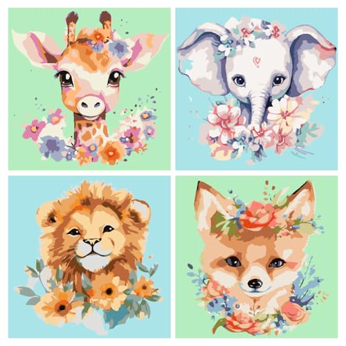 askkqtx Malen Nach Zahlen 4 Stück,Tiere DIY Paint By Numbers Kinder Ab 5 6 7 8 9 10 Jahre,Animals Painting Als Geschenk Home Wand Dekor 20x20 CM von askkqtx