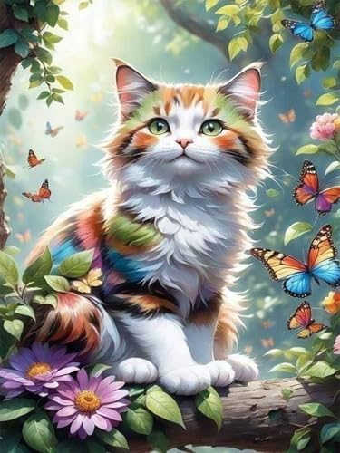 askkqtx Malen Nach Zahlen Erwachsene,Katze Schmetterling Blumen DIY Paint by Numbers Adult Handgemalt Ölgemälde Kit für Anfänger Ohne Rahmen Als Geschenk Home Wand Dekor 30X40 CM von askkqtx