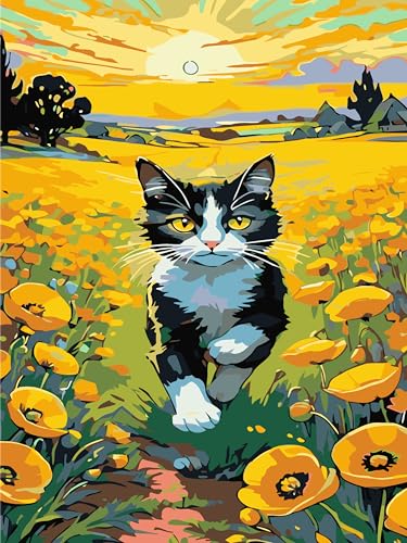 askkqtx Malen Nach Zahlen Erwachsene,Katzen Blumen DIY Paint by Numbers Adult Handgemalt Ölgemälde Kit für Anfänger Ohne Rahmen,Blumen Sonne Paint Als Geschenk Home Wand Dekor 30X40 CM von askkqtx