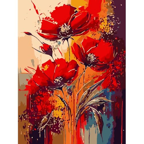 askkqtx Malen Nach Zahlen Erwachsene,Rote Blumen DIY Paint by Numbers Adult Handgemalt Ölgemälde Kit für Anfänger Ohne Rahmen,Red Flower Paint Als Geschenk Home Wand Dekor 30X40 CM von askkqtx