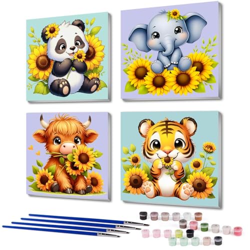 4 Stück Malen Nach Zahlen Kinder Holzrahmen, Animals Paint By Numbers Framed, Bastelset Sonnenblumen Ab 5 6 7 8 9 10 Jahre, Reizende Tiere Ölgemälde Mit Rahmen Pinseln Sätze Acrylfarben 20x20 CM von askkqtx