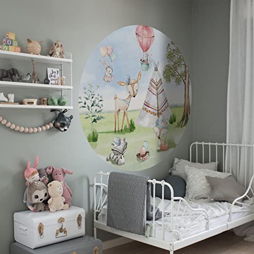 astrkiz Woodland selbstklebend Wandaufkleber Kinder, Stoff-Effekt-Wandtattoos Fabric Canvas Wandbild Wanddeko Reh Hasen Ballon Motive, Rund Abziehbilder Kinderzimmer Mädchen Jungen 3 Stück Ø120cm von astrkiz