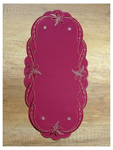 Elegante Stickereidecke Weihnachtsdecke Fanny in weinrot-Gold 23x46 cm oval Plauener Spitze Tischdekoration von atelier alles-Spitze